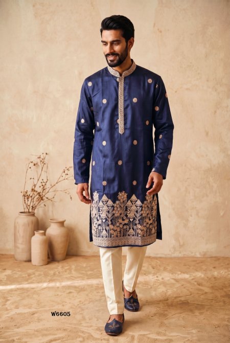 Navy Blue Outluk Wedding Vol 66 Lachaka Mens Kurta Pajama W6605.